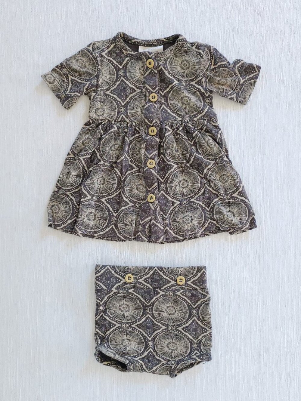 Kate Quinn The Woods Beluga Batik 0-3 Months Button Front Dress and Button Bloom
